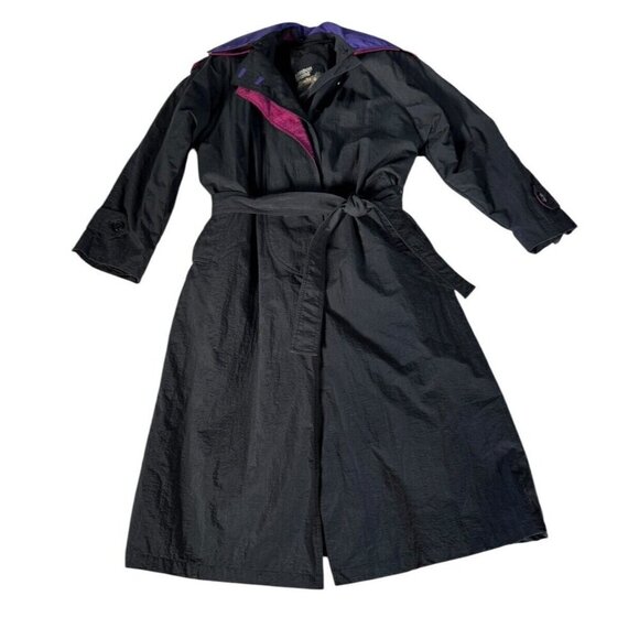 VTG 80s London Towne Limits Womens Sz 12 Black Purple Color Block Trench Coat - Picture 11 of 11